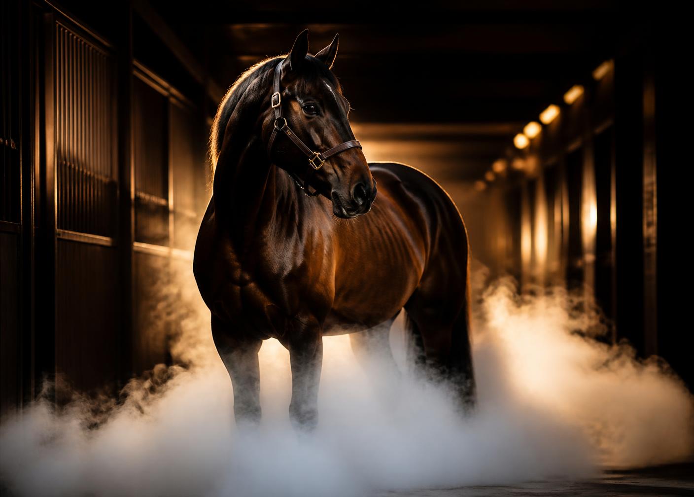 Horse standing in cryotherapy smoke inside a warmly lit barn aisle