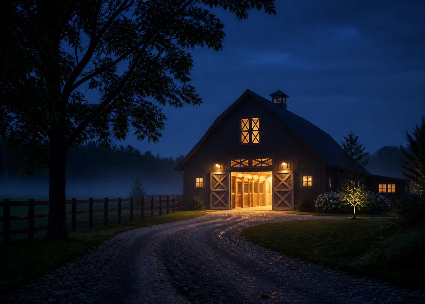 Exterior of the Luxe Cryotherapy barn on a quiet Michigan evening